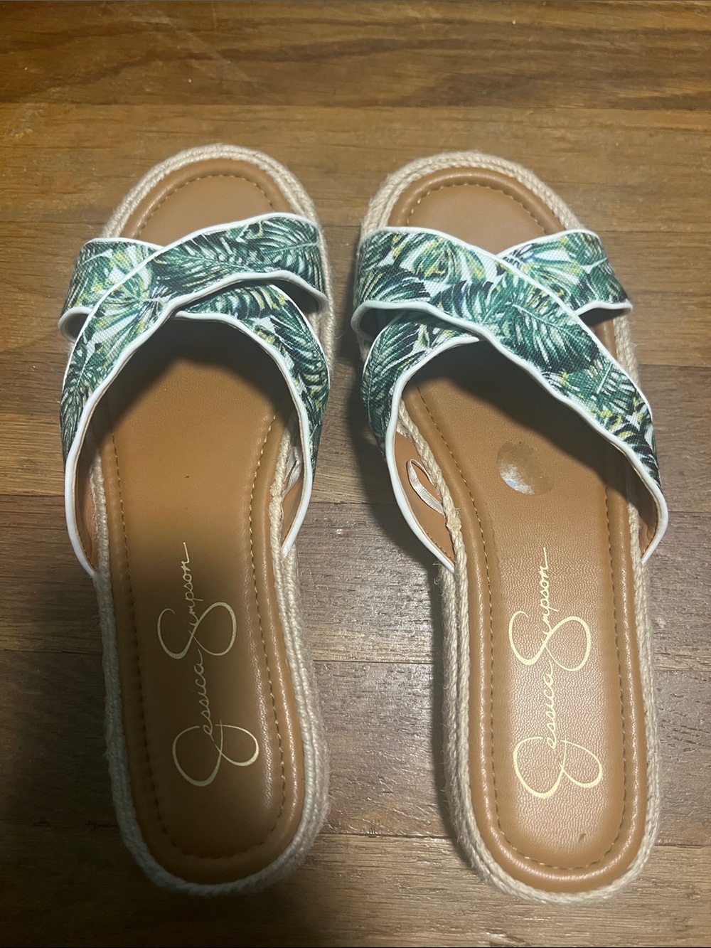 Jessica Simpson Palm-Print Crossband Slide Sandals in Green and Tan